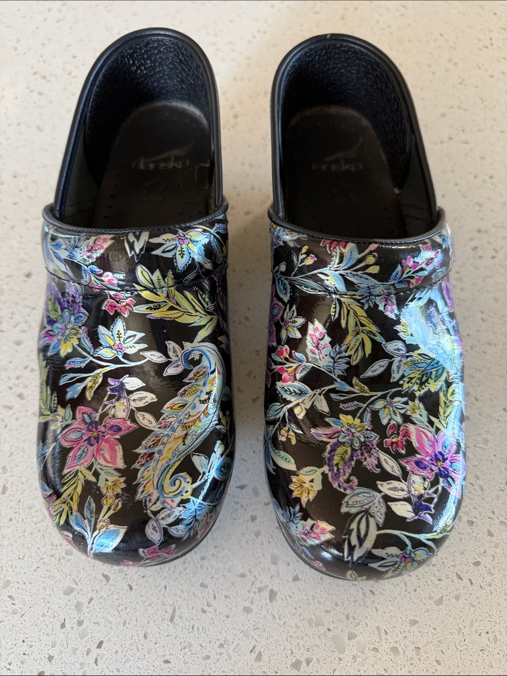 Dansko Womens Floral Pattern Black Clog Shoes